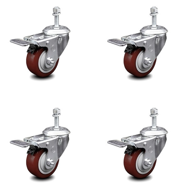 Service Caster 3 Inch Maroon Polyurethane Swivel 3/8 Inch Stem Caster Set with Total Lock Brake SCC-TSTTL20S314-PPUB-MRN-381615-4 - main